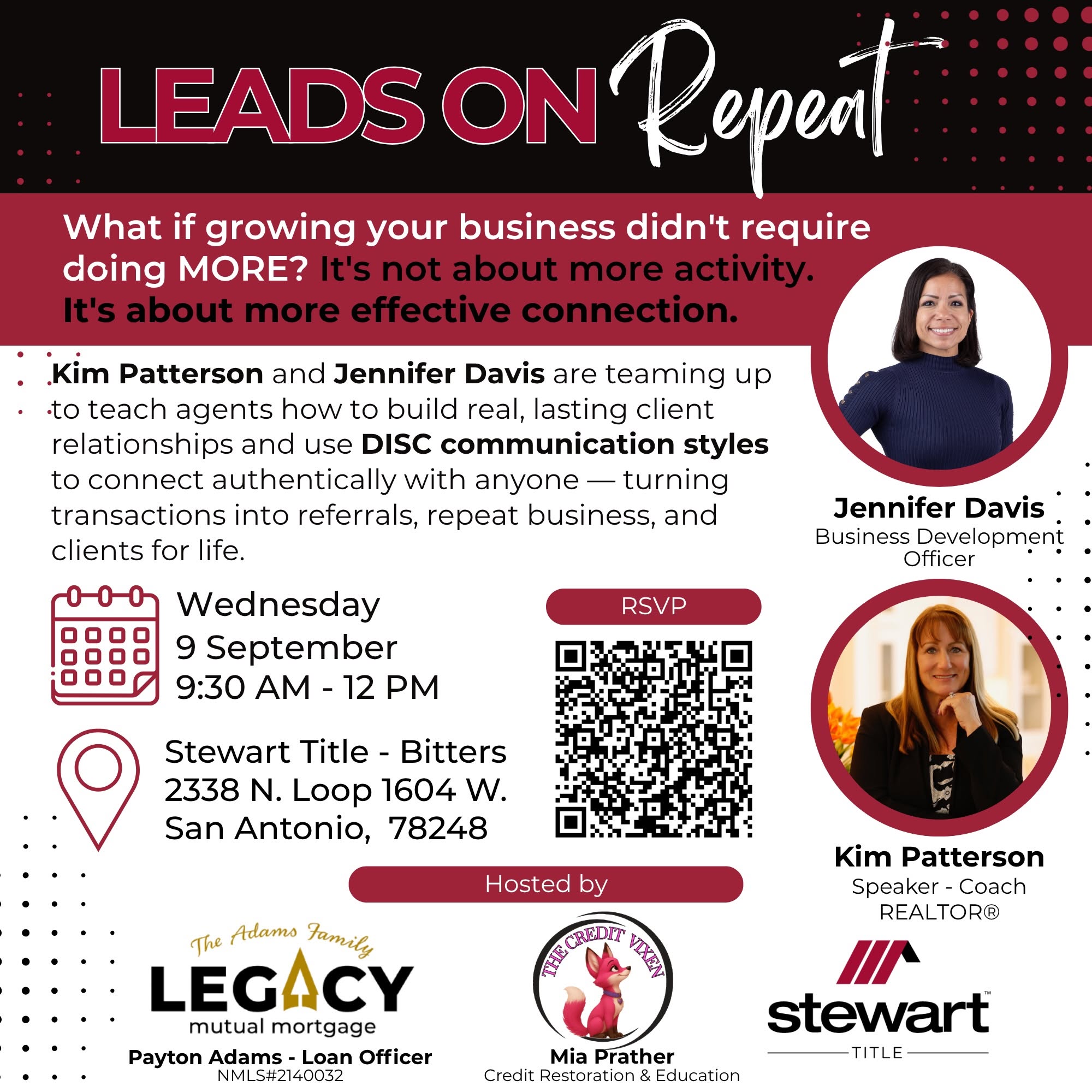 Leads on Repeat real estate agent training class in San Antonio Texas featuring Kim Patterson and Jennifer Davis of Stewart Title on September 9, 2026.